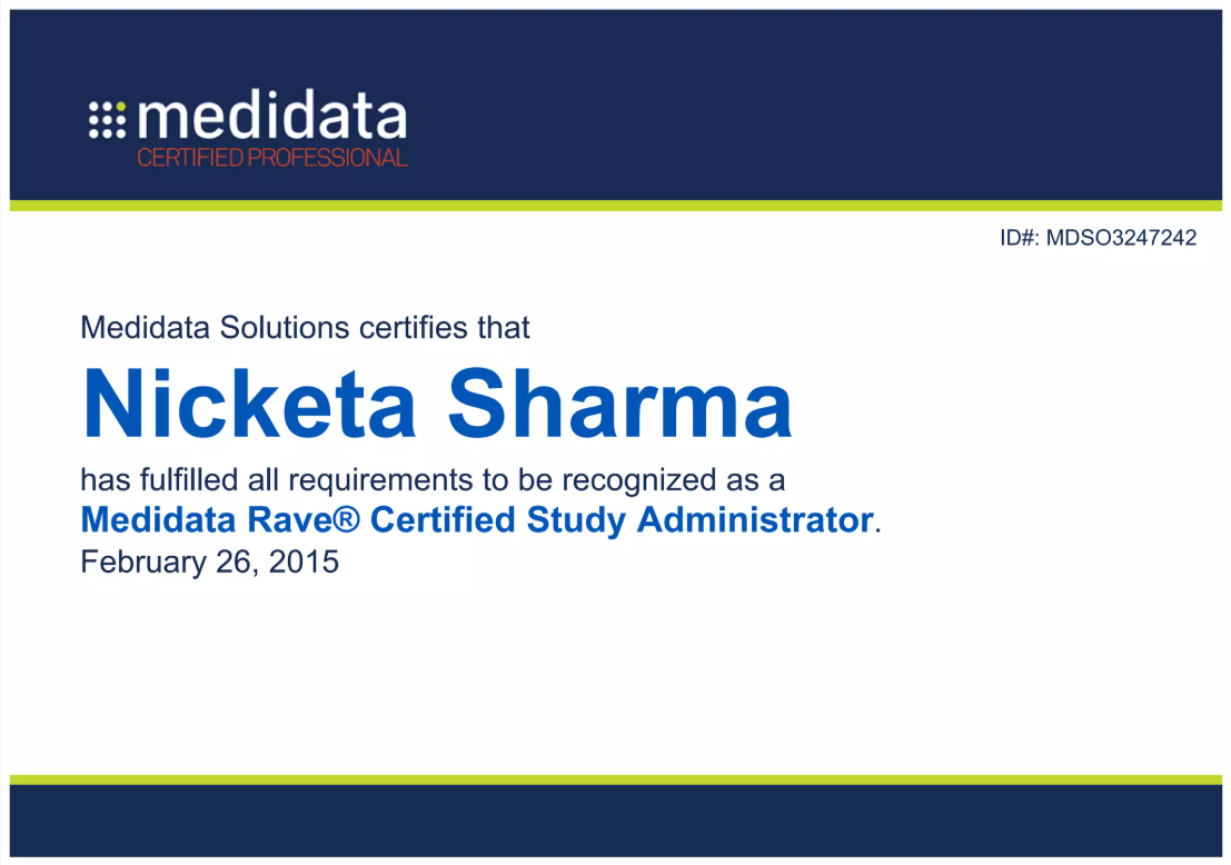 Medidata Rave Certified Study Administrator certificate